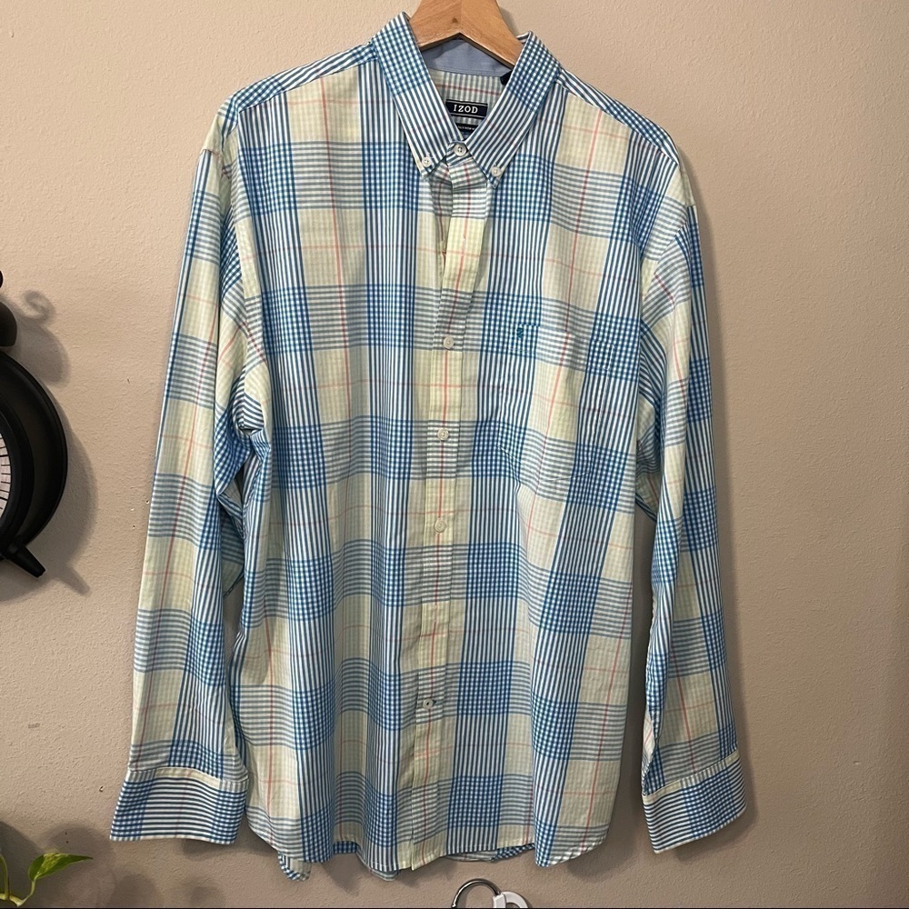 IZOD plaid yellow and blue long sleeve shirt Size Large